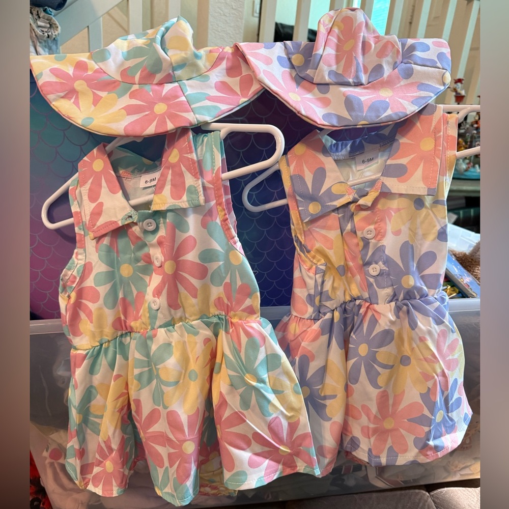Colorful Floral Baby Dress and Hat Set, two for twins